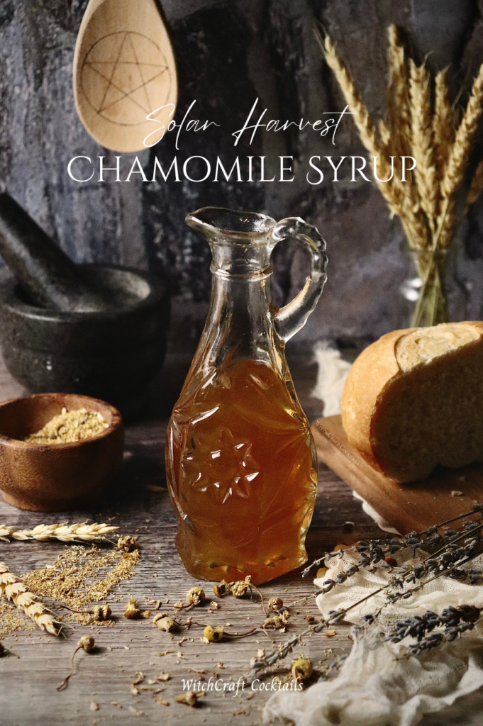 A chamomile simple syrup ina decorative pouring bottle