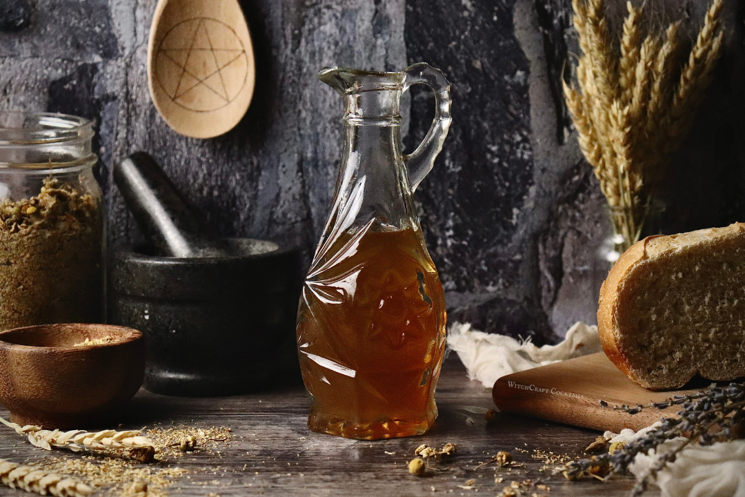 A chamomile simple syrup ina decorative pouring bottle