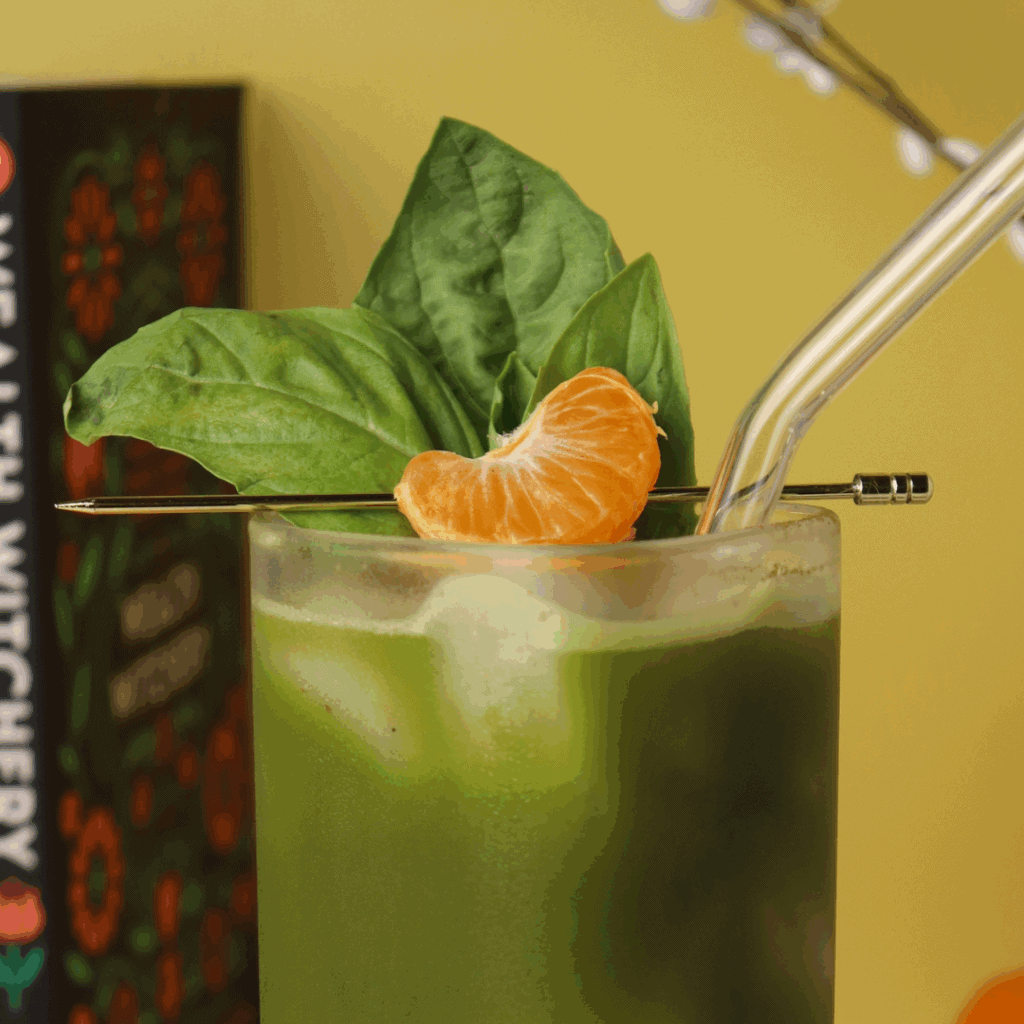 Gold Cocktail Pick atop Matcha Soda