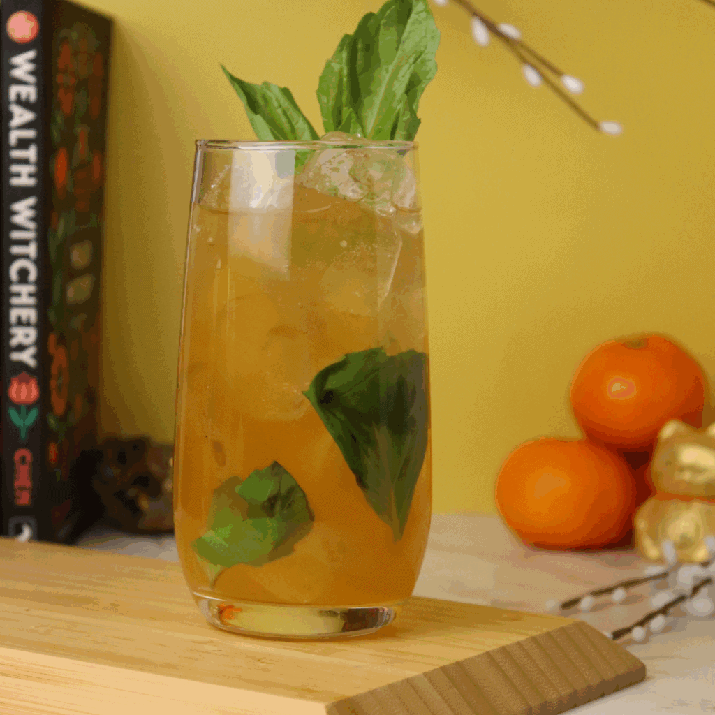 Highball Glass with citrus and a basil garnish