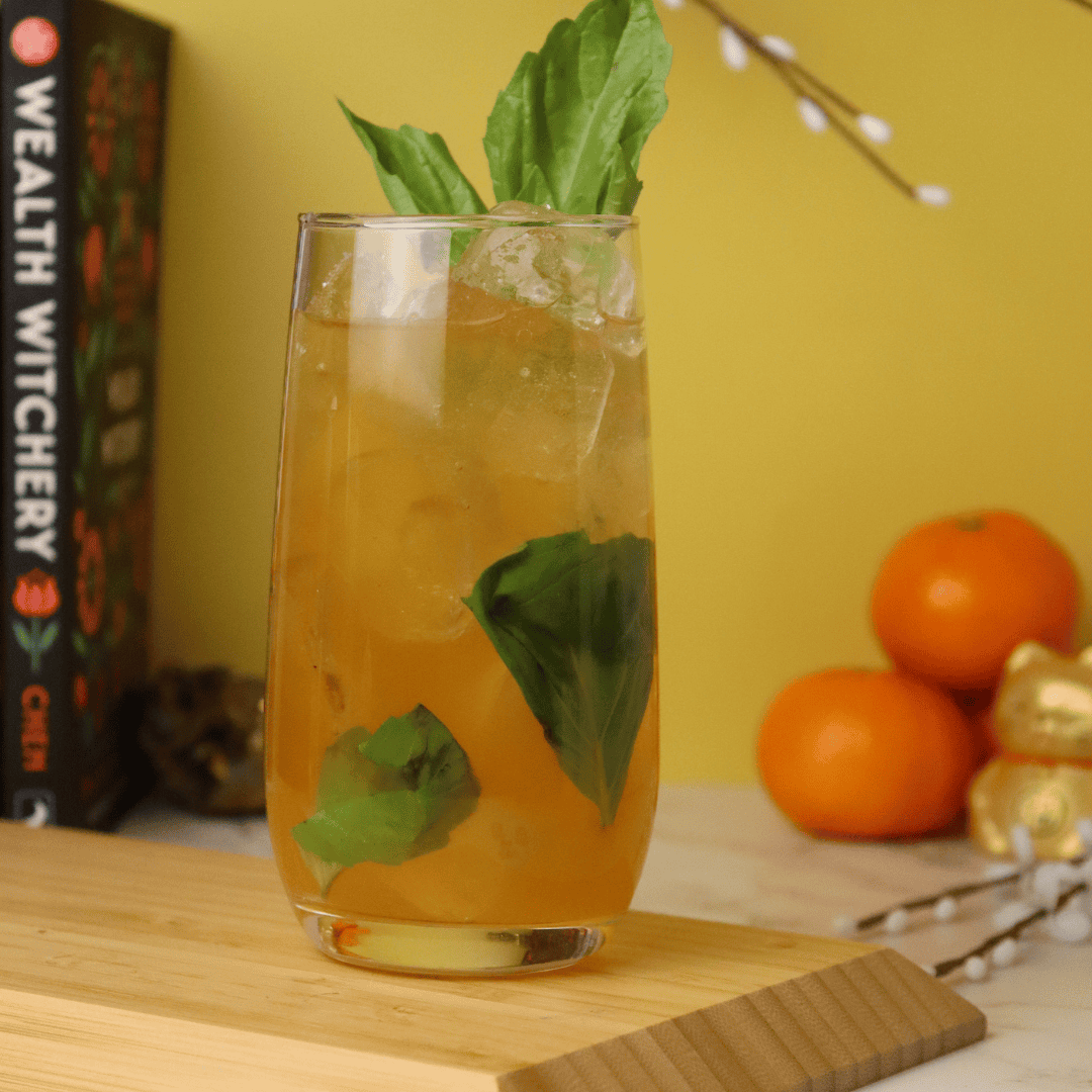 Highball Glass with citrus and a basil garnish