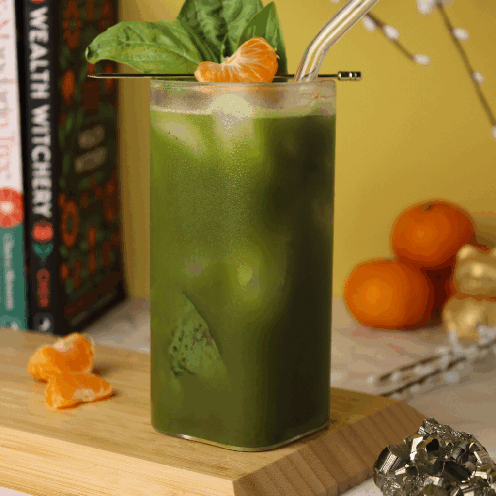 Square Highball glass filled with green matcha soda