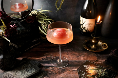 white wine sour with red ice cube sphere for the eclipse in a dark academia-themed backdrop