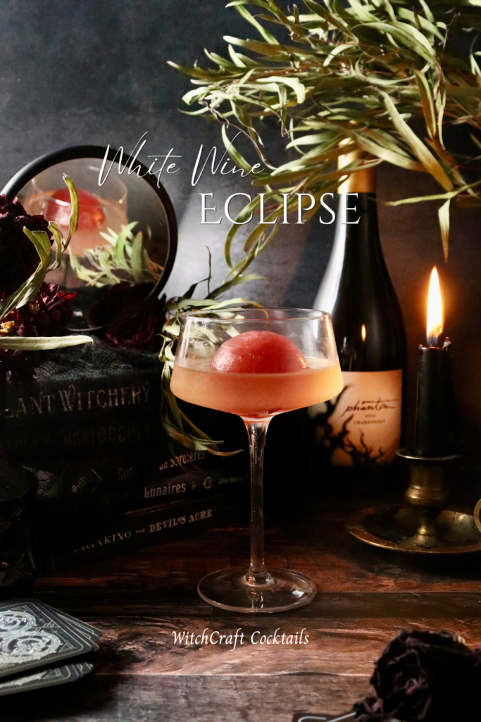 white wine sour with red ice cube sphere for the eclipse in a dark academia-themed backdrop